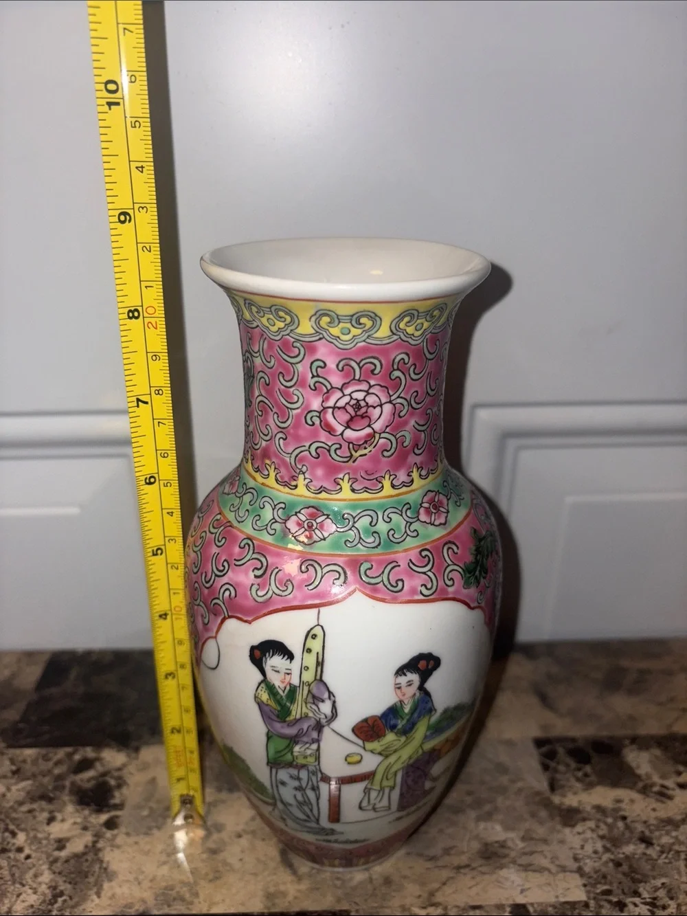 Vintage Porcelain Decorative Vase in Pink and Green